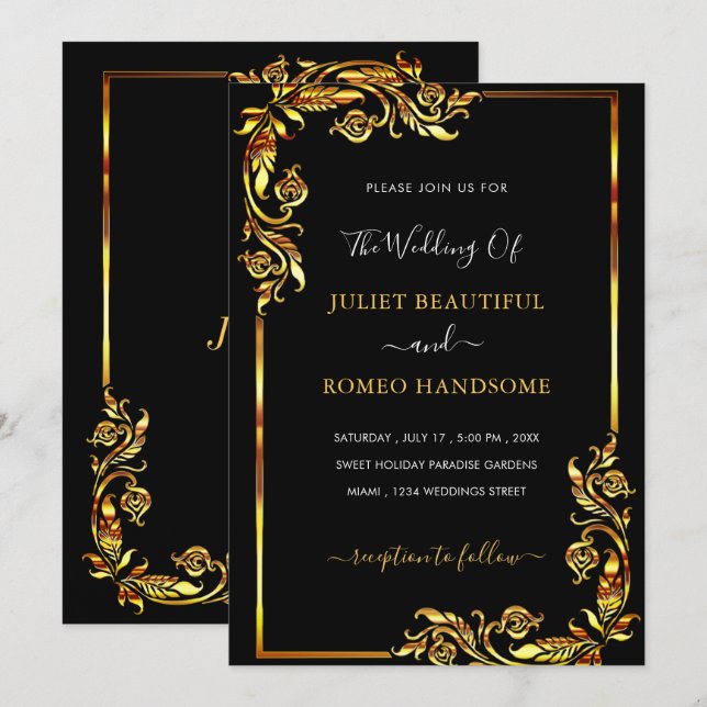 Plantilla de invitación a la boda de oro negro de  (Anverso / Reverso)