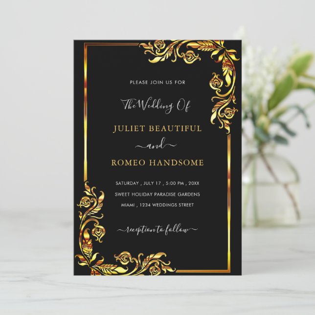 Plantilla de invitación a la boda de oro negro de  (Anverso de pie)