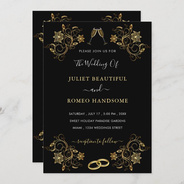 Plantilla de invitación a la boda de oro negro de  (Anverso / Reverso)