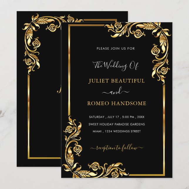 Plantilla de invitación a la boda de oro negro flo (Anverso / Reverso)