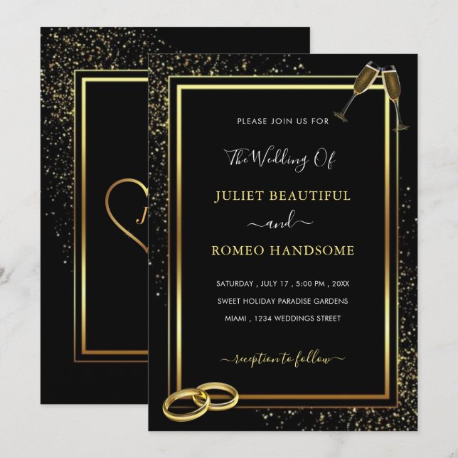 Plantilla de invitación a la boda de oro negro pur (Anverso / Reverso)