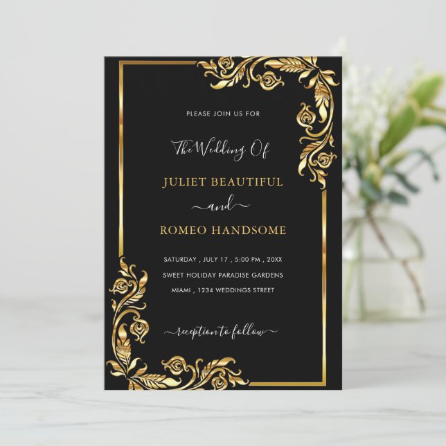 Plantilla de invitación a la boda de oro y negro p (Anverso de pie)