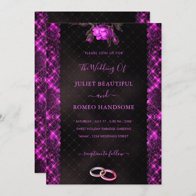 Plantilla de invitación a la boda negra rosa purpu (Anverso / Reverso)