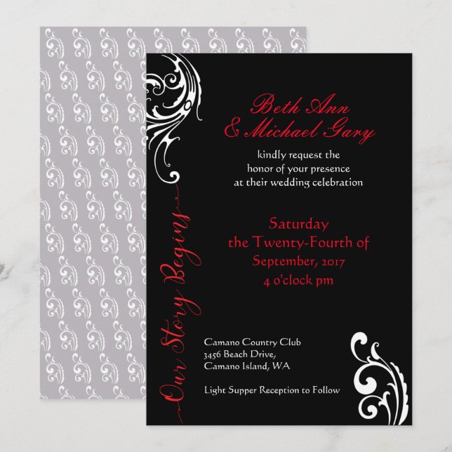 Plantilla de invitación a la boda roja y negra (Anverso / Reverso)