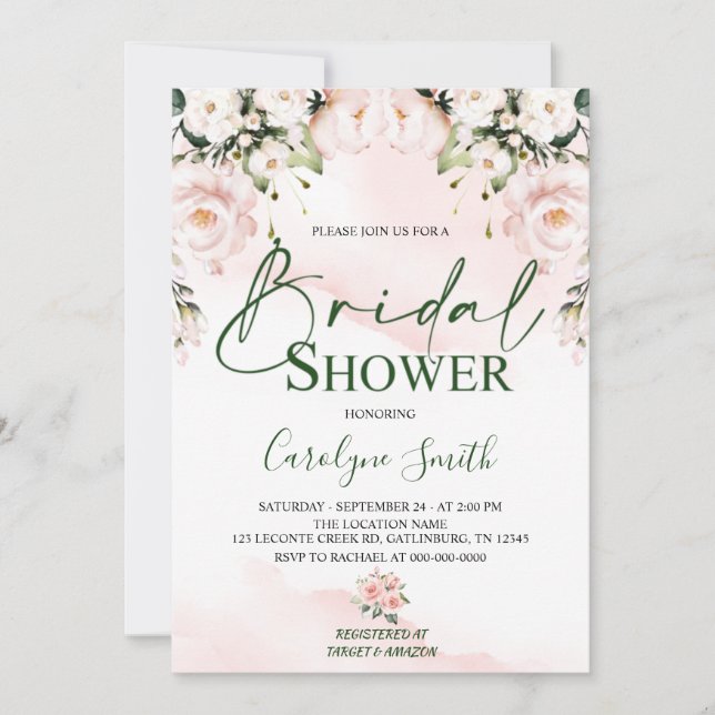 Plantilla de invitación a la ducha de novia rosa R (Anverso)