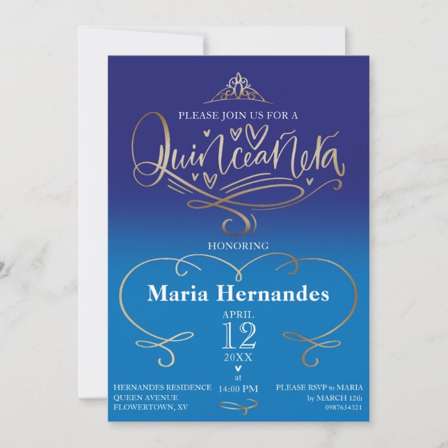 Plantilla de invitación a la quinceañera azul real (Anverso)