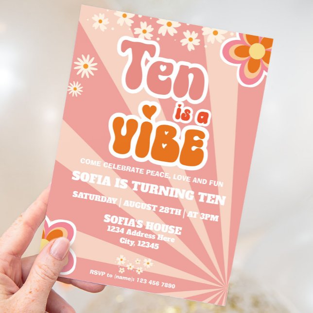 Plantilla de invitación a los 10 cumpleaños de Ret (Ten is a Vibe Groovy Retro Birthday Invitation)