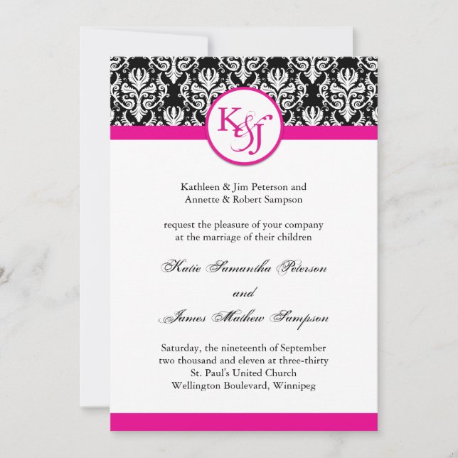 Plantilla de invitación a matrimonio de damasco ro (Anverso)