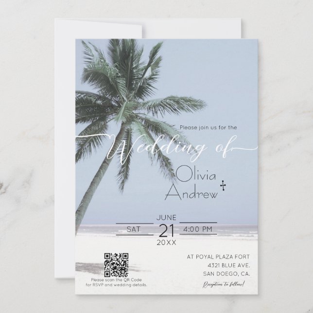 Plantilla de invitación a matrimonio de palmeras c (Anverso)