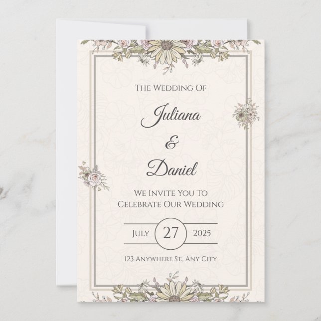 Plantilla de invitación a matrimonio floral rústic (Anverso)
