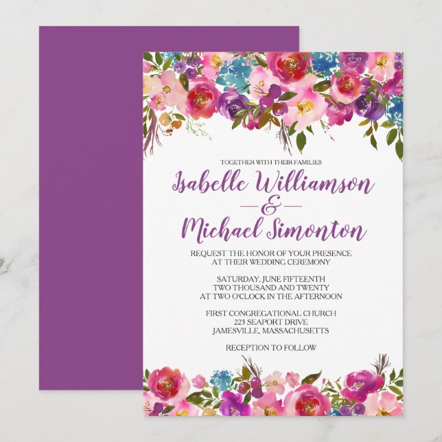 Plantilla de invitación a matrimonio morado floral (Anverso / Reverso)