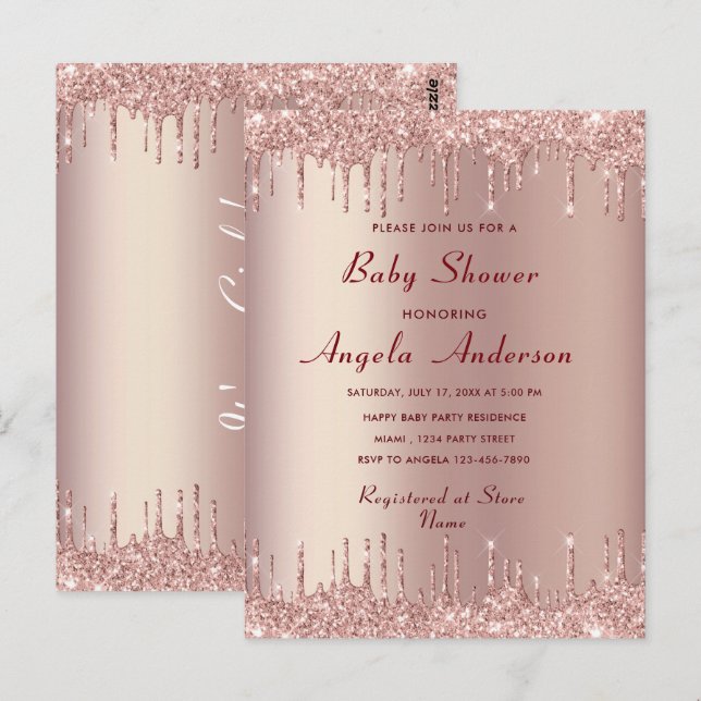 Plantilla de invitación a Rosa Gold Baby Shower (Anverso / Reverso)