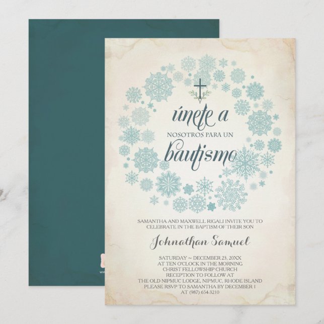 Plantilla de Invitación a Winter Bautizo, español (Anverso / Reverso)
