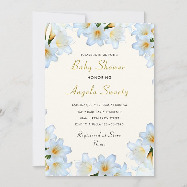 Plantilla de invitación Baby Shower de Flores de L (Anverso)