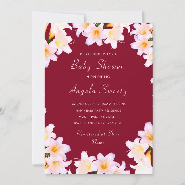 Plantilla de Invitación Baby Shower Floral Lilies (Anverso)