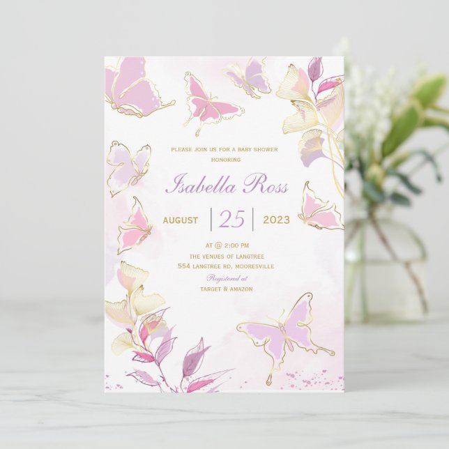 Plantilla de invitación Baby Shower para mariposa (Anverso de pie)