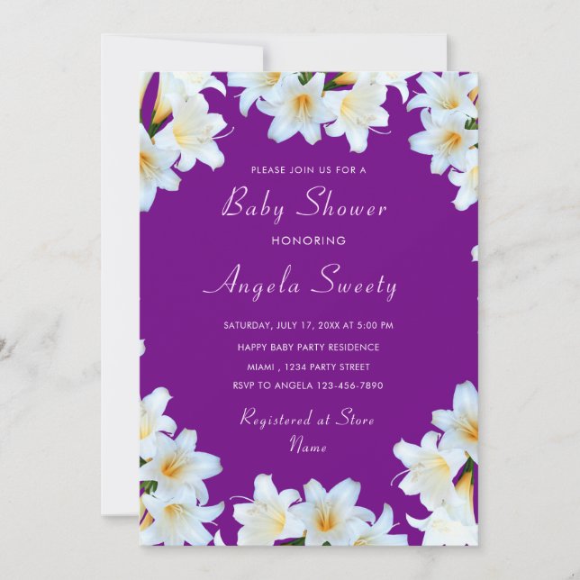 Plantilla de invitación Baby Shower púrpura de Whi (Anverso)