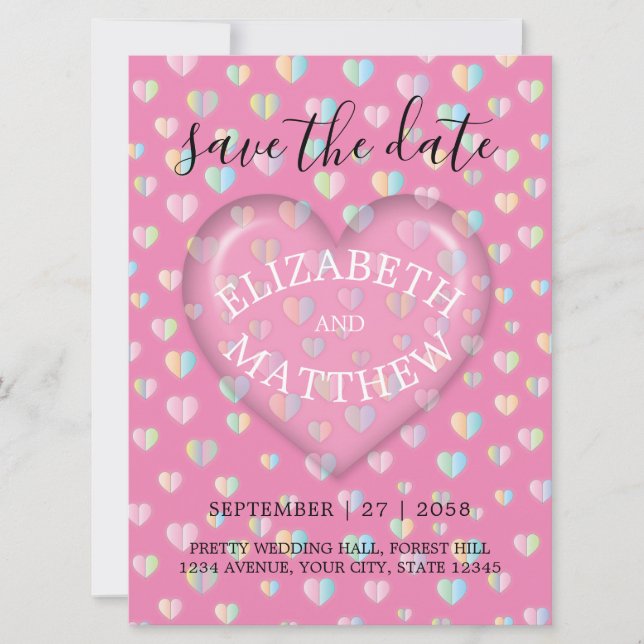 Plantilla de invitación con corazón rosa y motas (Anverso)