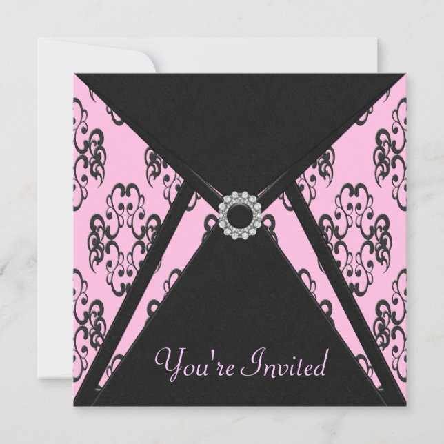 Plantilla de Invitación Damask Rosa y Negro para T (Anverso)