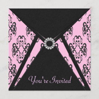 Plantilla de Invitación Damask Rosa y Negro para T