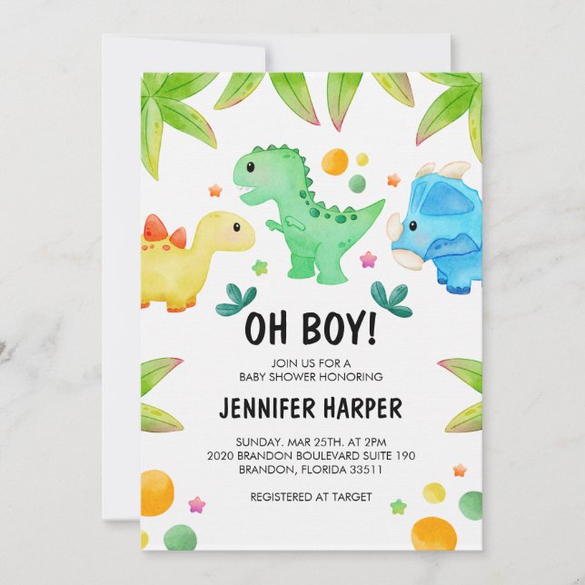 Plantilla de invitación de Baby Shower de dinosaur (Anverso)