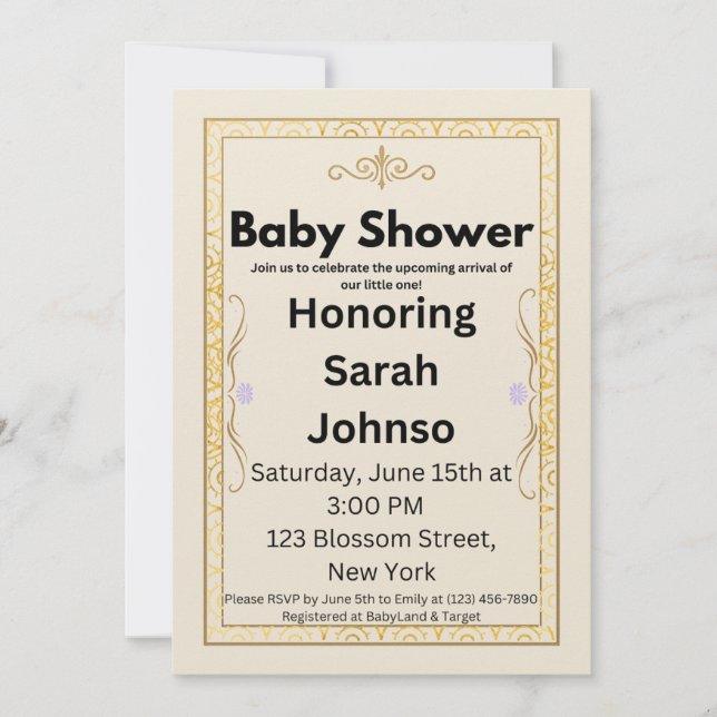Plantilla de Invitación de Baby Shower de Oro Eleg (Anverso)