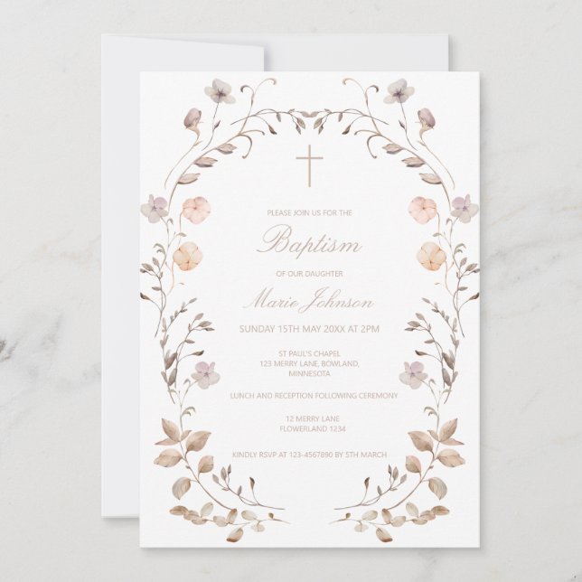 Plantilla de invitación de bautizo de niña floral  (Anverso)