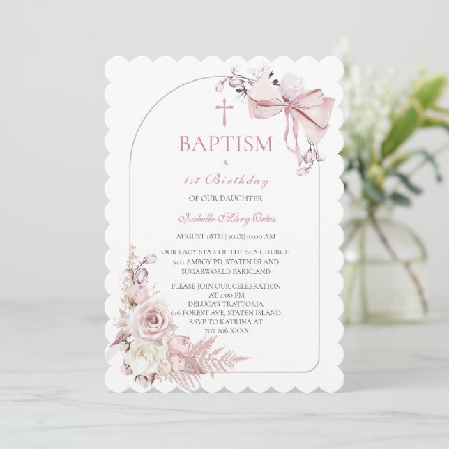 Plantilla de invitación de bautizo para niñas rosa (Anverso de pie)