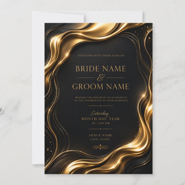 Plantilla de Invitación de Boda 3D de Oro Líquido  (Anverso)