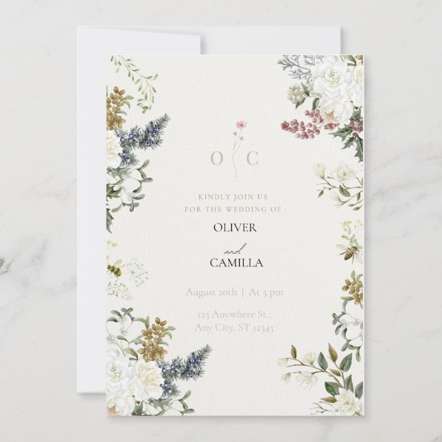 Plantilla de Invitación de Boda Botánica de Flor S (Anverso)
