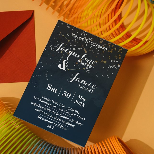 Plantilla de Invitación de Boda Celestial Azul Mar (Navy and Gold Night Sky Wedding Invitation Template)