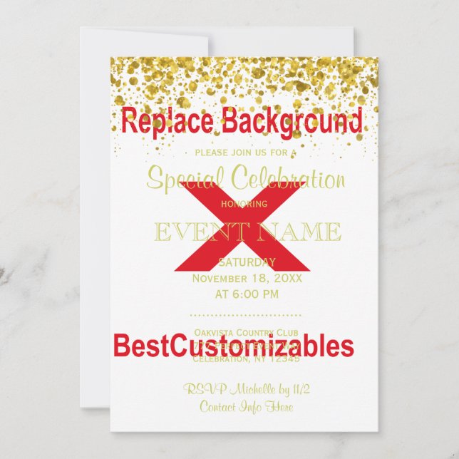 Plantilla de invitación de boda con confeti de oro (Anverso)