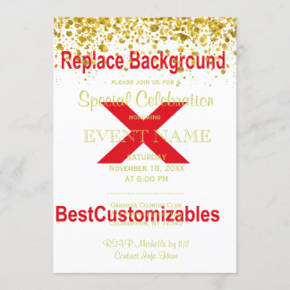 Plantilla de invitación de boda con confeti de oro