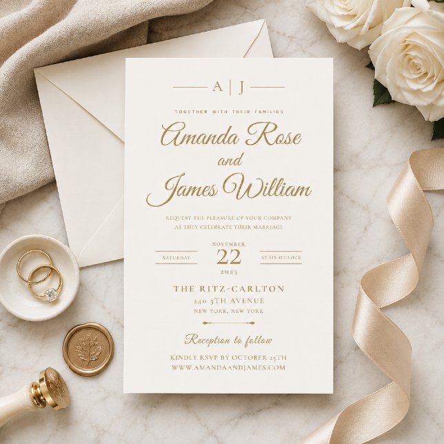 Plantilla de Invitación de Boda con Estilo Minimal (Elegant gold minimal wedding invitation with timeless luxury styling.)