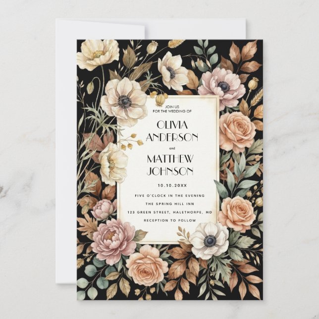 Plantilla de Invitación de Boda con Flores Oscuras (Anverso)