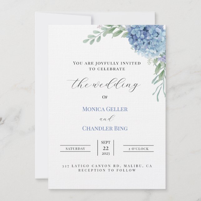 Plantilla de invitación de boda con hortensias azu (Anverso)