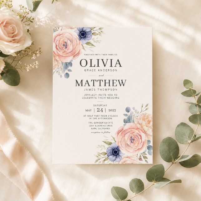 Plantilla de Invitación de Boda con Peonías Rosada (Elegant watercolor florals for a timeless romantic wedding invitation.)