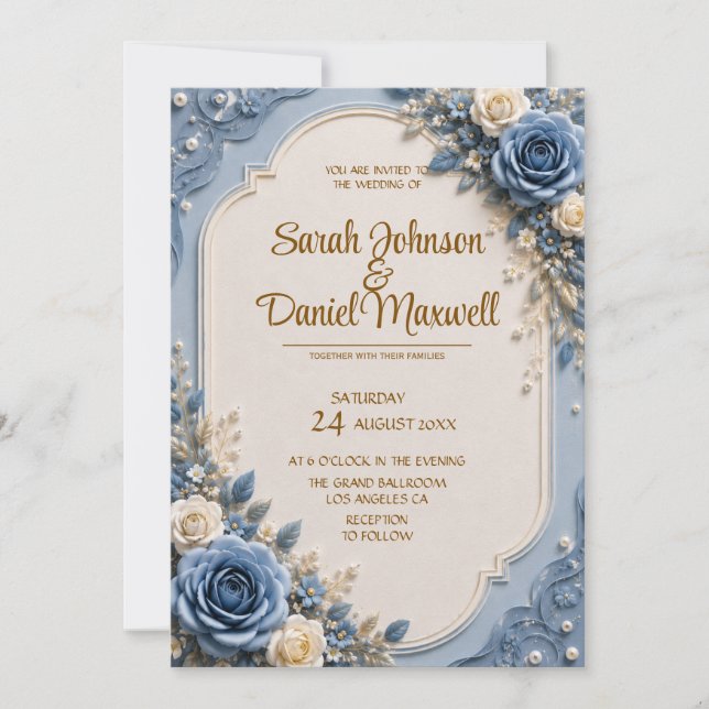 Plantilla de Invitación de Boda con Rosa Azul 3D | (Anverso)