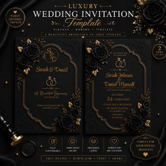 Plantilla de Invitación de Boda de Lujo en Negro y