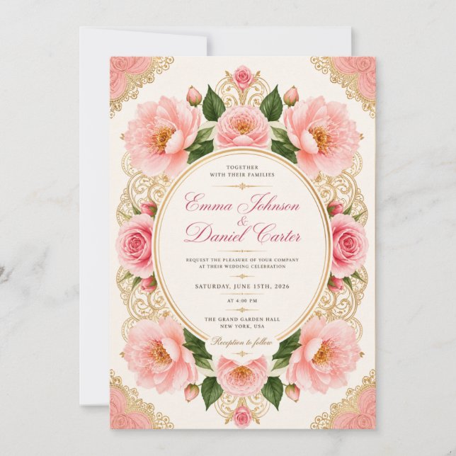 Plantilla de Invitación de Boda de Rosa Naranja co (Anverso)