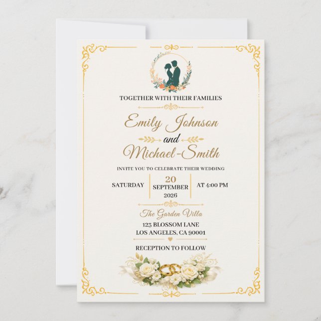 Plantilla de Invitación de Boda Dorada Elegante (Anverso)