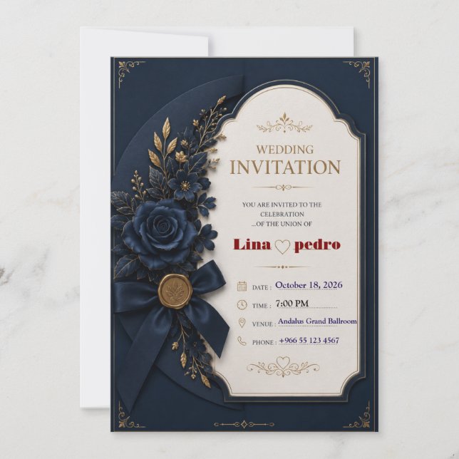 Plantilla de Invitación de Boda Editable Azul y Do (Anverso)