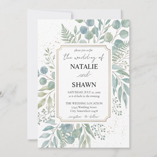 Plantilla de Invitación de Boda Elegant Greenery (Anverso)