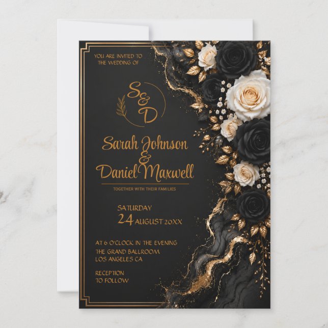Plantilla de Invitación de Boda en Oro Negro de Lu (Anverso)
