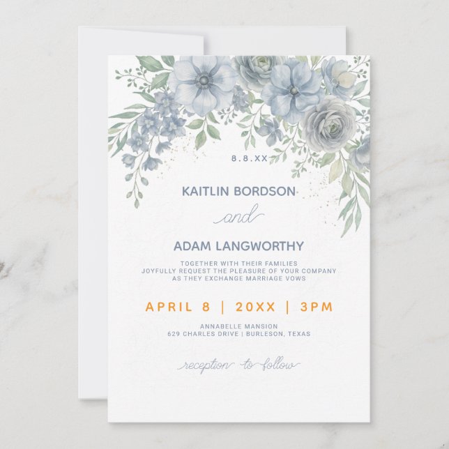 Plantilla de Invitación de Boda Floral Azul Suave (Anverso)