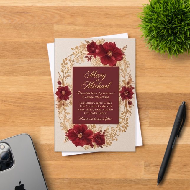 Plantilla de Invitación de Boda Floral Borgoña de  (Insitu (Tarjeta de Invitación))