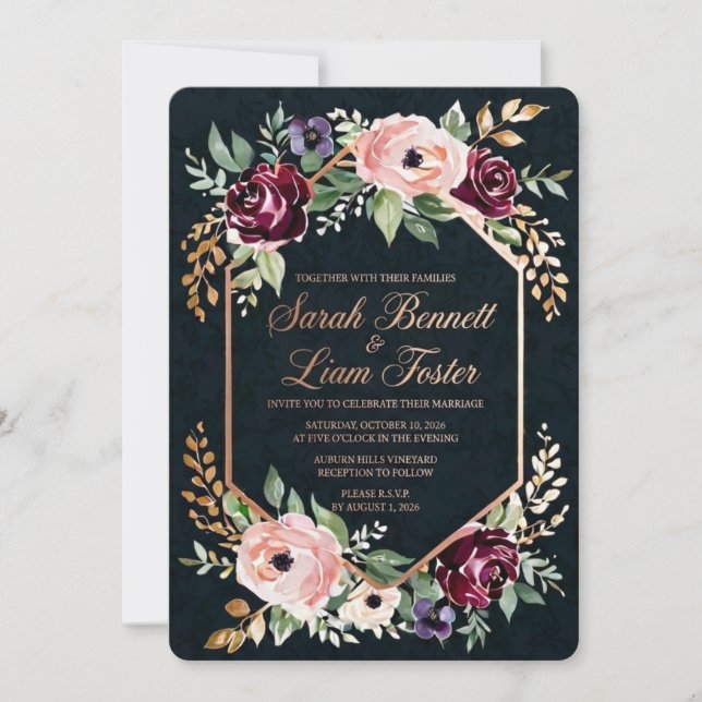Plantilla de Invitación de Boda Floral Borgoña de  (Anverso)