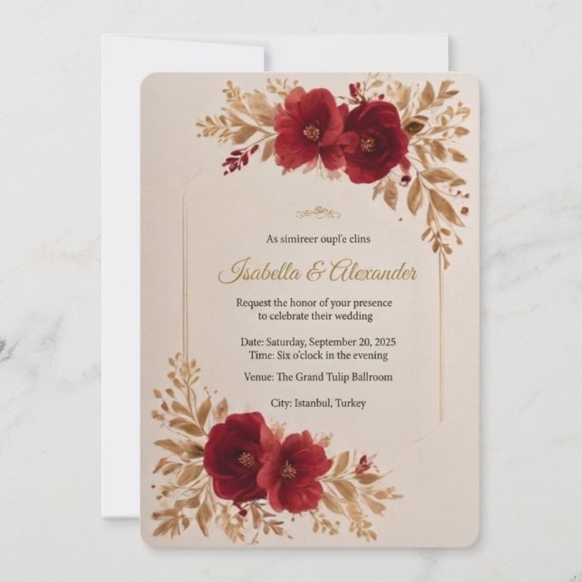Plantilla de Invitación de Boda Floral Borgoña de  (Anverso)