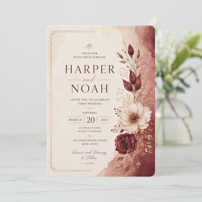 Plantilla de Invitación de Boda Floral de Lujo (Anverso de pie)