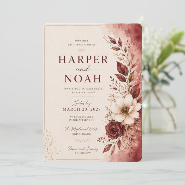 Plantilla de Invitación de Boda Floral de Lujo (Anverso de pie)